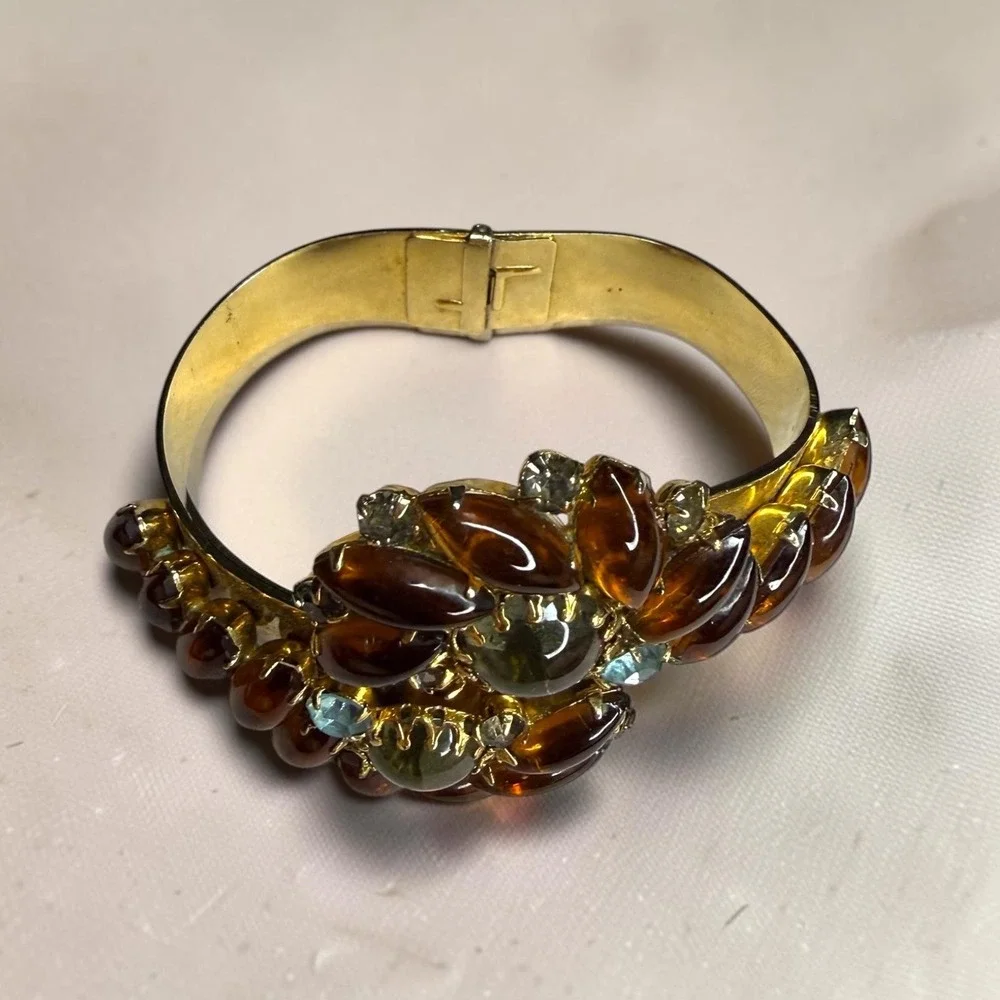 Vintage Alice Caviness Gold Tone Bypass Clamper Bracelet Marquise Rhinestones